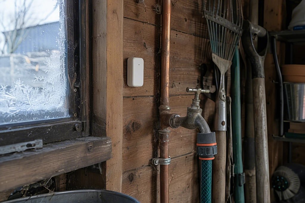 Funk-Temperatursensor an der Holzwand eines Gartenhauses neben einem Wasserhahn
